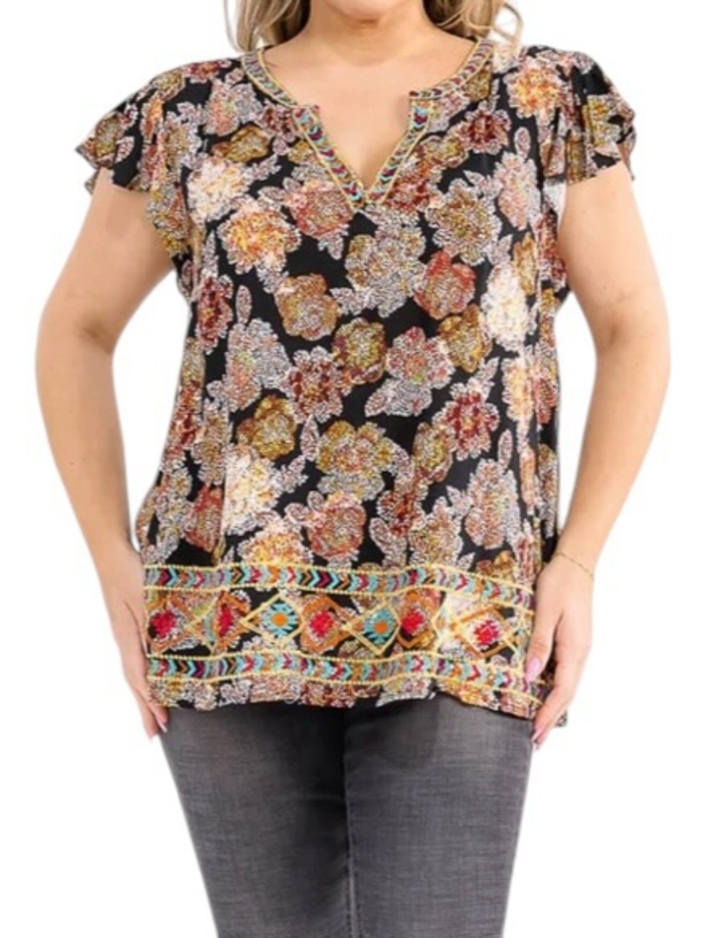 Floral & Aztec Embroidered Ruffle Short Sleeve Soft Light Weight Rayon Top
